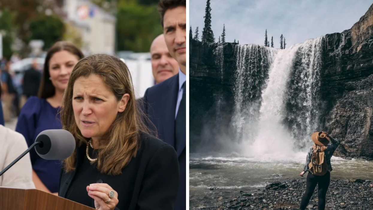Chrystia Freeland and Justin Trudeau at a press conference. Right: A hiker takes in Crescent Falls in Alberta.