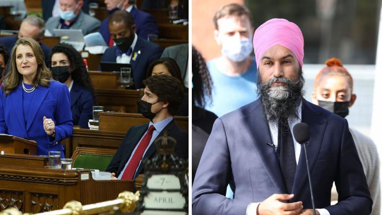 Chrystia Freeland and Justin Trudeau delivering the 2022 Federal Budget. Right: Jagmeet Singh addressing Canadians.