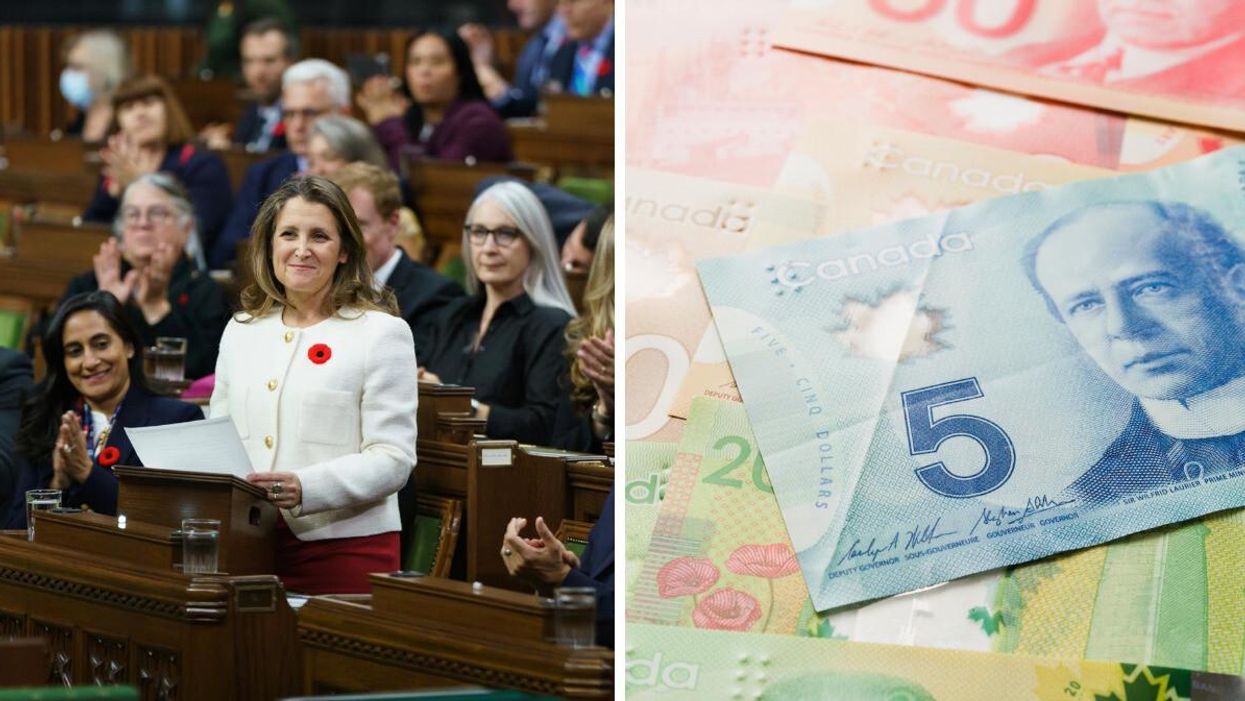 Chrystia Freeland delivering the 2022 Fall Economic Statement. Right: Canadian dollars.