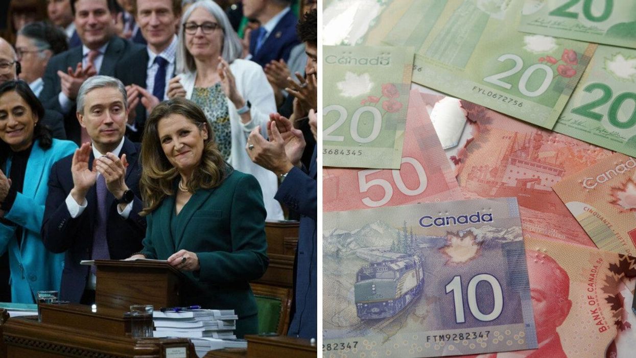 Chrystia Freeland delivering the 2023 federal budget. Right: Canadian dollars.