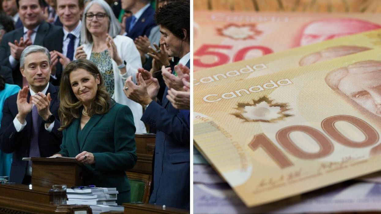 Chrystia Freeland. Droite : Argent canadien.