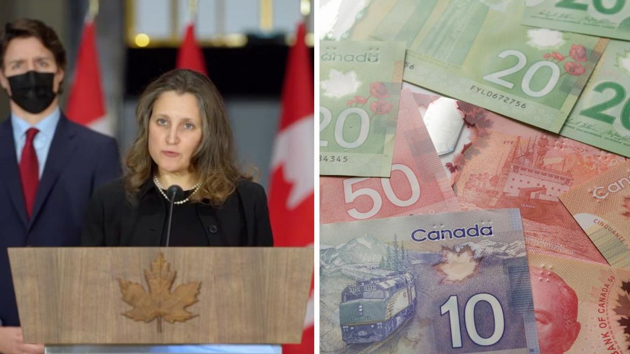 Chrystia Freeland makes an announcement. Right: Canadian dollars.