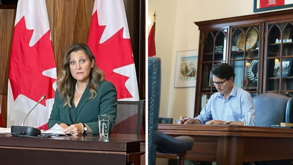 Chrystia Freeland. Right: Justin Trudeau.