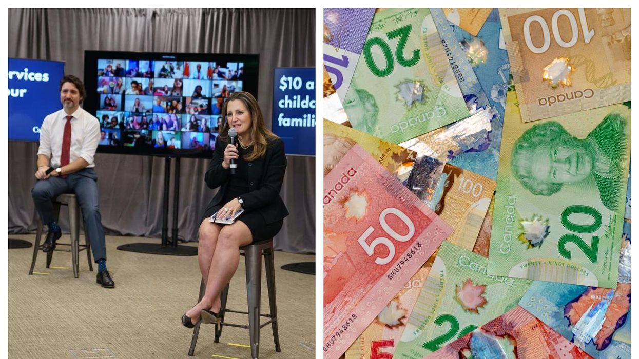 Chrystia Freeland sits on a stool with a microphone. Right: Canadian dollars in a pile.