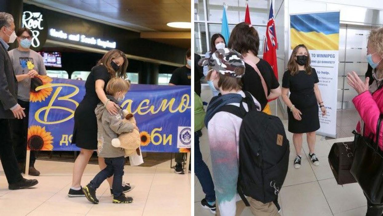 Chrystia Freeland with a young boy. Right: Chrystia Freeland welcoming a woman.
