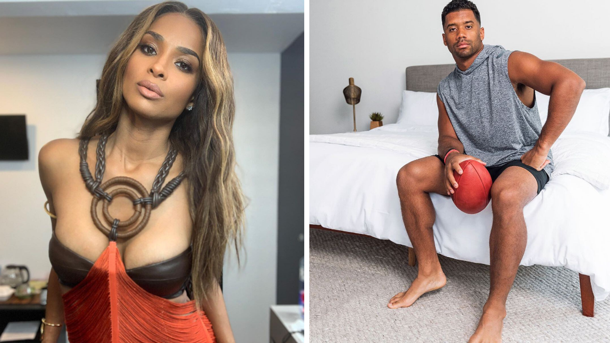 Ciara in an orange dress. Right: Russell Wilson on a bed with a football.