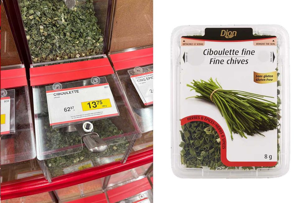 Ciboulette vendue en vrac chez Bulk Barn. Droite : Ciboulette vendue chez Maxi.