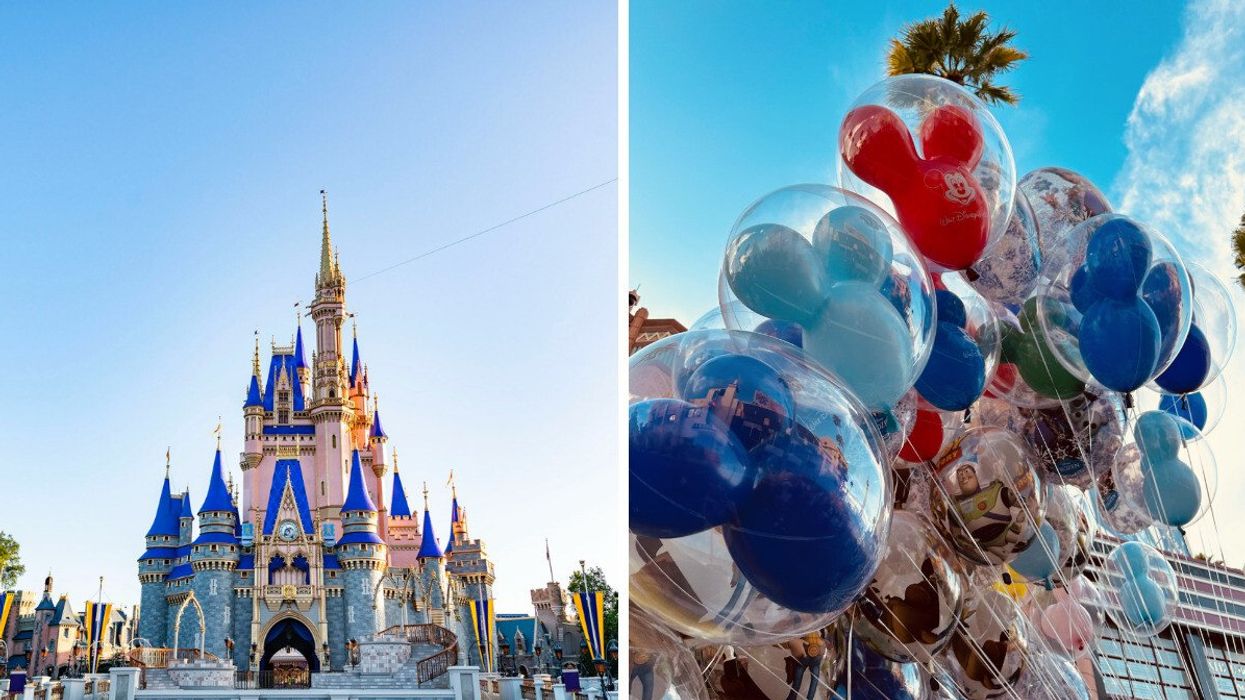 Cinderella Castle at Magic Kingdom glowing under a clear blue sky. Right: A colourful bunch of Mickey-shaped balloons floating against a sunny sky.