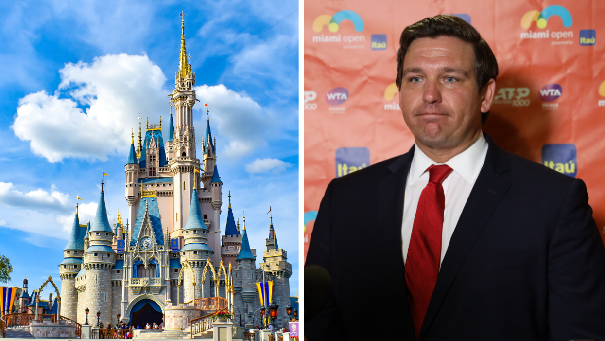 Cinderella's castle at Walt Disney World. Right: Florida Governor Ron DeSantis.