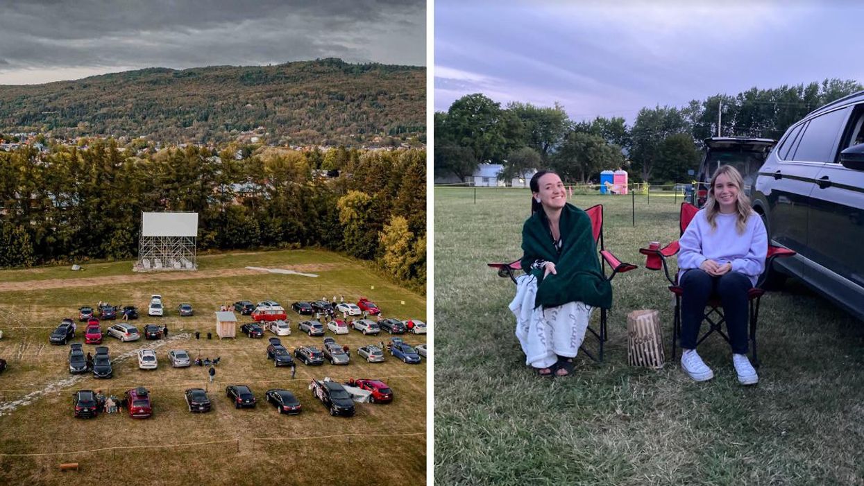 Ciné dans l'pré. Droite : Deux femmes au ciné-parc.