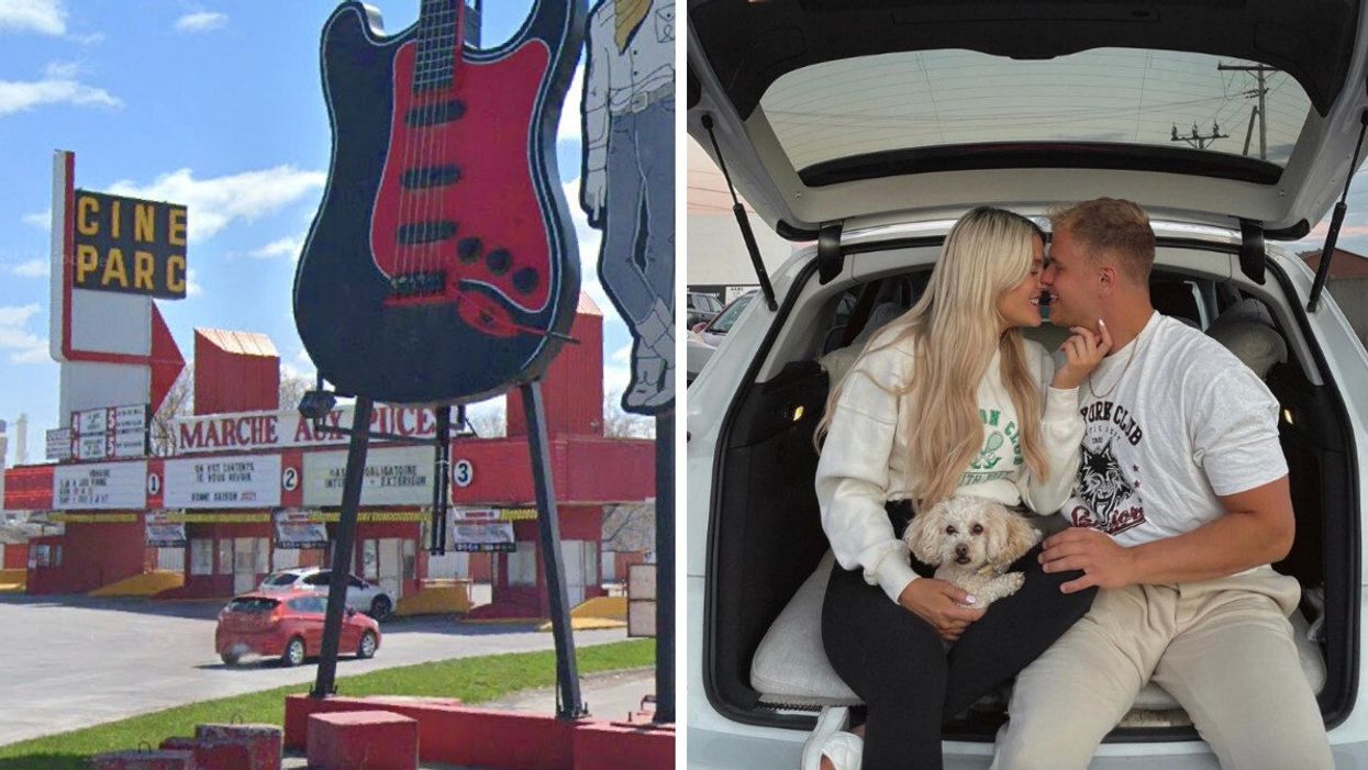 Ciné-Parc Saint-Eustache. Droite : Couple au Ciné-Parc Saint-Eustache.