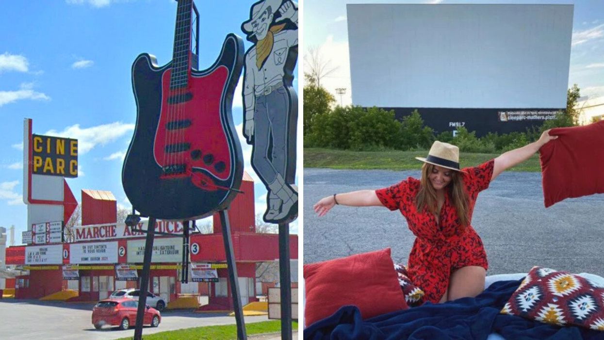 Ciné-Parc Saint-Eustache. Droite : Jeune femme devant un écran du Ciné-Parc St-Eustache.