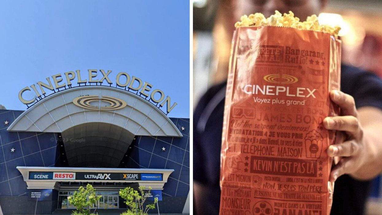 Cinéma Cineplex. Droite : popcorn du Cineplex.