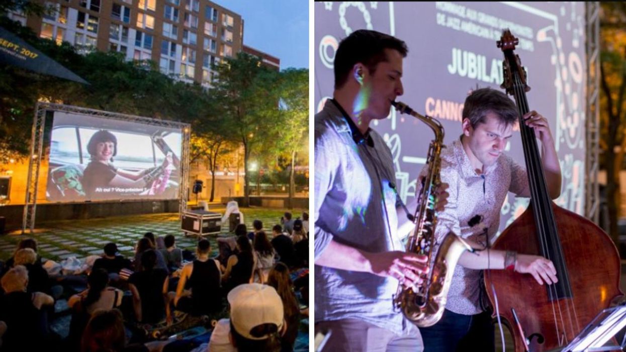 Cinéma en plein air. Droite : Musiciens jouant de leurs instruments au cinéma en plein air.