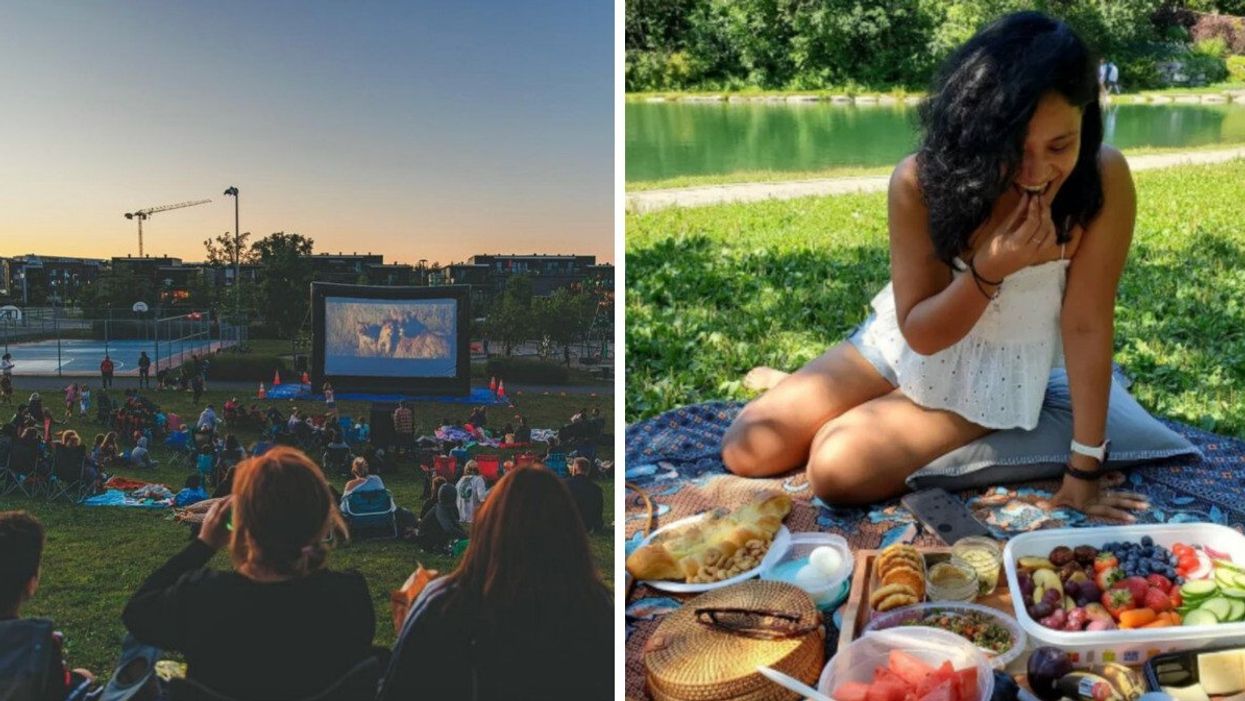 Cinéma en plein air. Droite : Pique-nique au Centre de la nature.