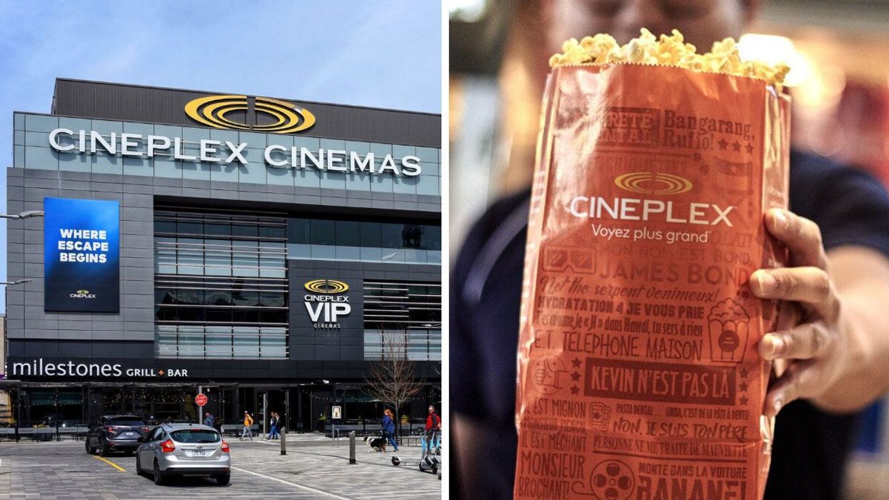 cineplex theatre. right: bag of popcorn from cineplex