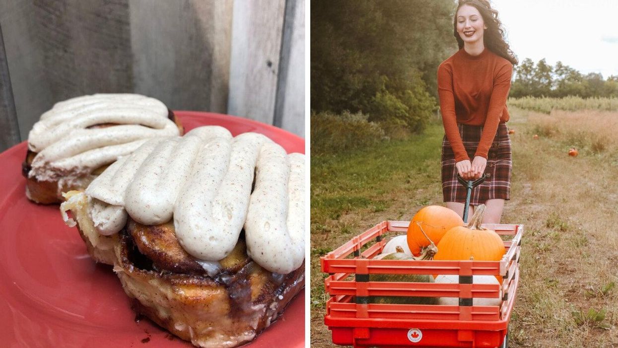 Cinnamon buns. Right: Madeline with pumpkins in a wagon.
