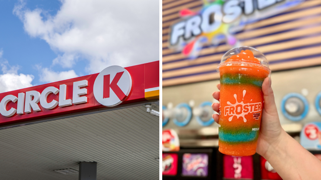 Circle K Canada storefront under a bright sky. Right: A vibrant, layered Froster slushie at Circle K.