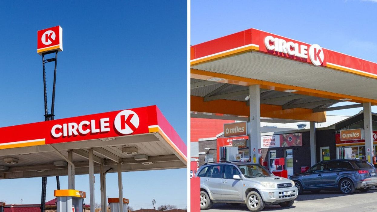 Circle K gas station sign. Right: Cars at a Circle K gas station.
