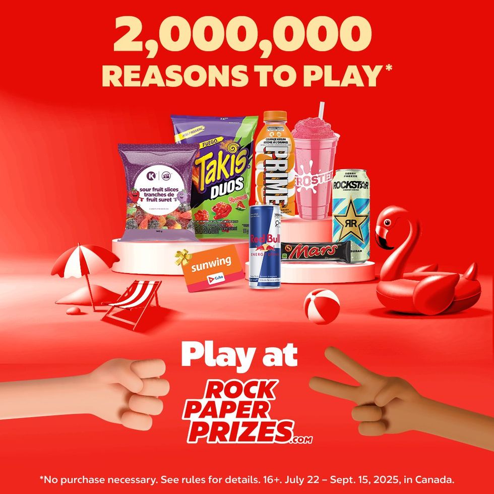 Circle K summer contest promo featuring snacks, drinks, and a red beach theme with Rock Paper Prizes logo