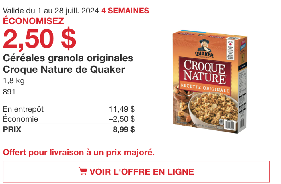 Circulaire des Croque Nature de Quaker au Costco.