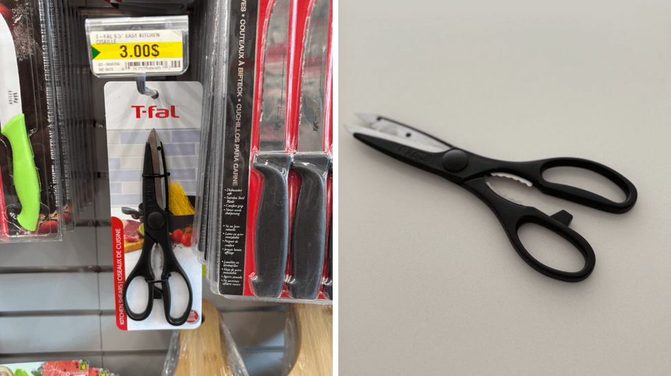 Ciseaux de cuisine T-fal sur les \u00e9tag\u00e8res du Dollarama. Droite : ciseaux de cuisine sur un comptoir.