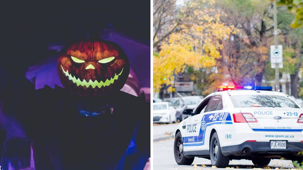 Citrouille d'Halloween. Droite : Voiture du Service de Police de la Ville de Montréal.
