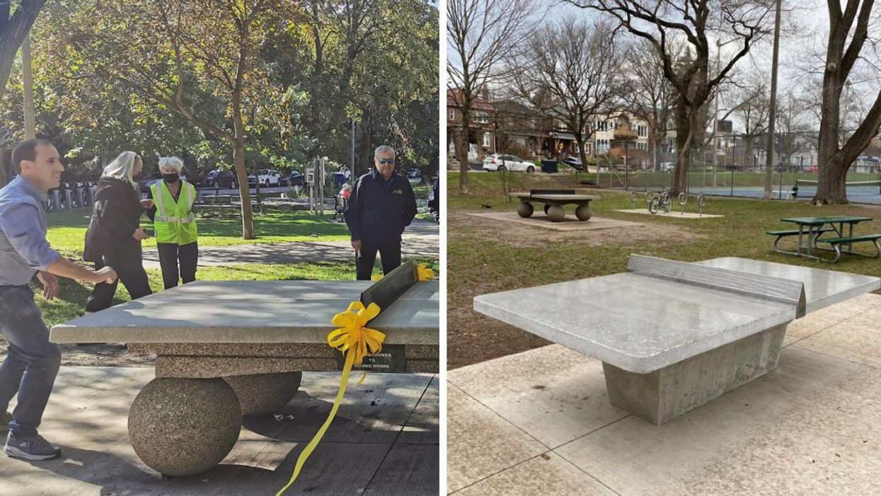 City Councillor Josh Matlow playing ping pong. Right: Ping pong table in a park.