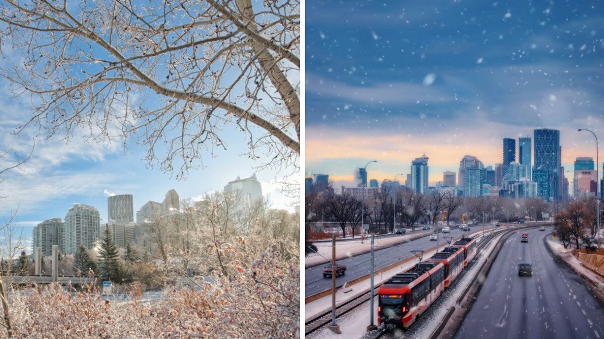 City in the snow. Right: Snow in a city.