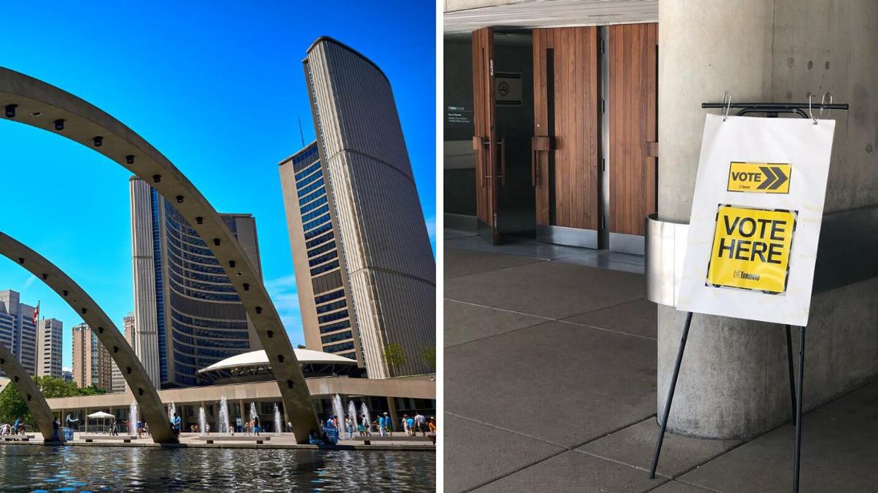 City of Toronto City Hall. Right: A voting sign in Toronto