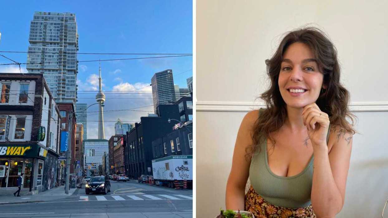 City of Toronto. Right: A person at a restaurant.
