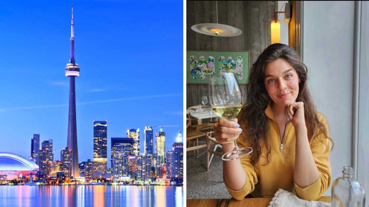 City of Toronto. Right: Person holding a glass of wine.