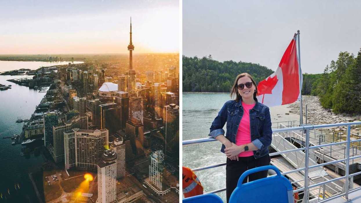 City of Toronto.Right: Someone by a Canada flag.