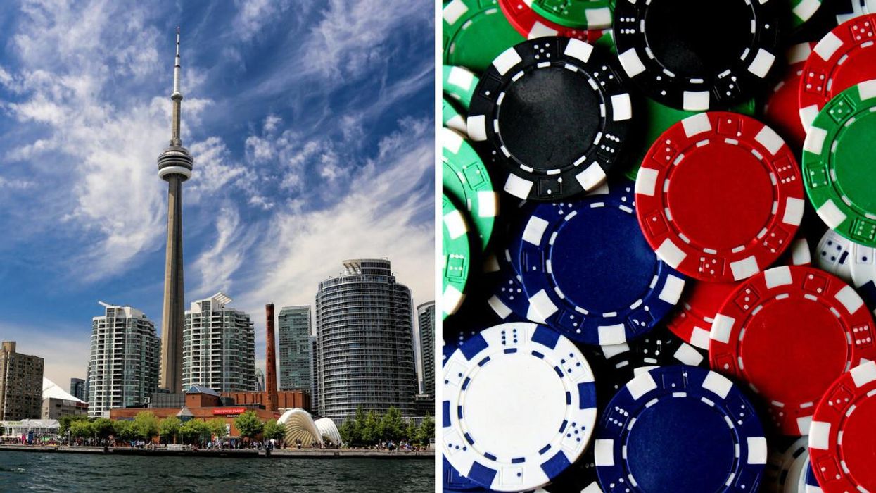 City of Toronto skyline. RIght: a photo of poker chips.
