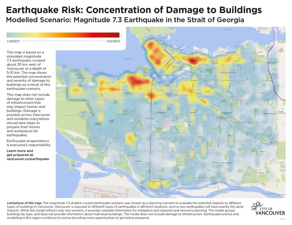City of Vancouver earthquake risk map modelled after a magnitude 7.3 earthquake in the Strait of Georgia.