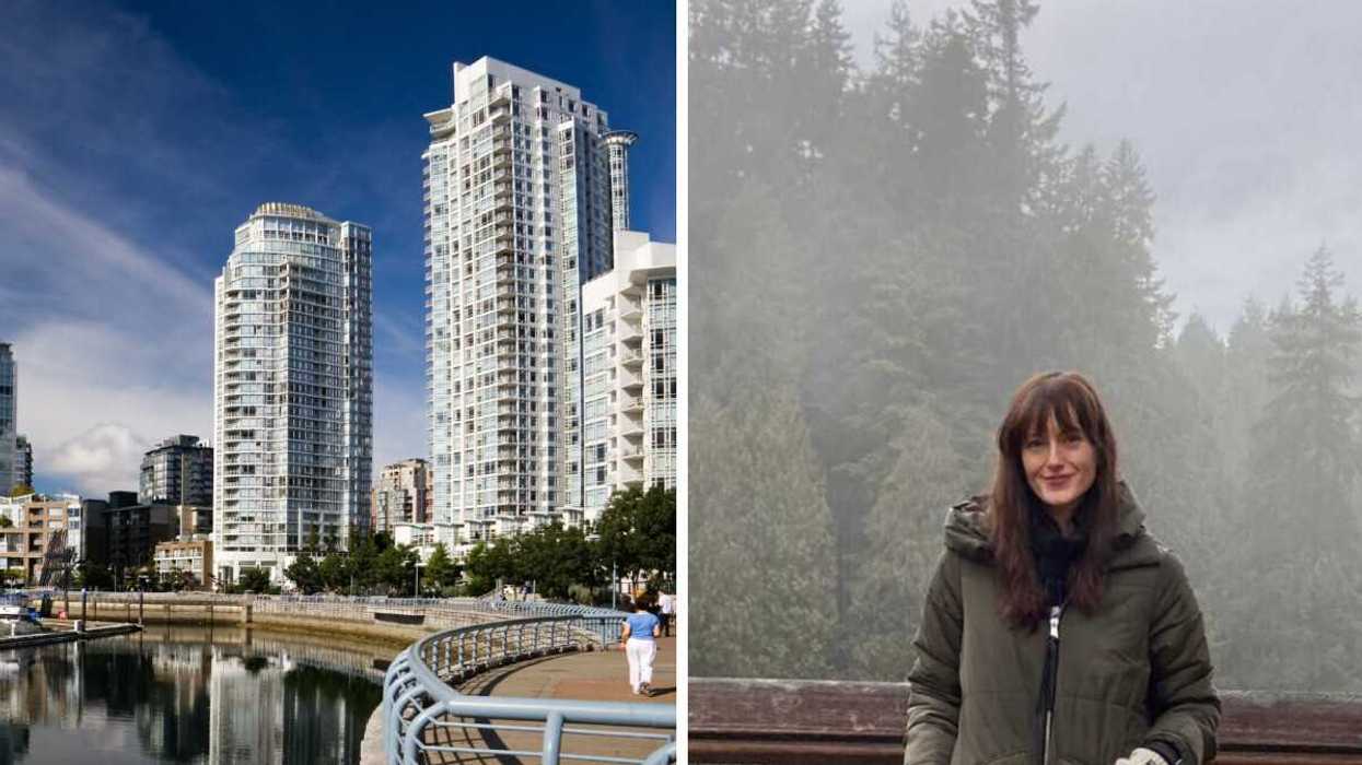 City of Vancouver. Right: Person in a misty forest.