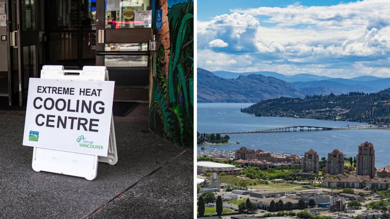 City of Vancouver sign for extreme heat cooling centre. Right: An aerial shot of Kelowna and the Okanagan Valley.