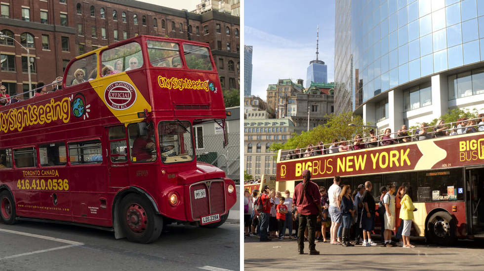 City Sightseeing bus in Toronto. Right: Big bus in New York