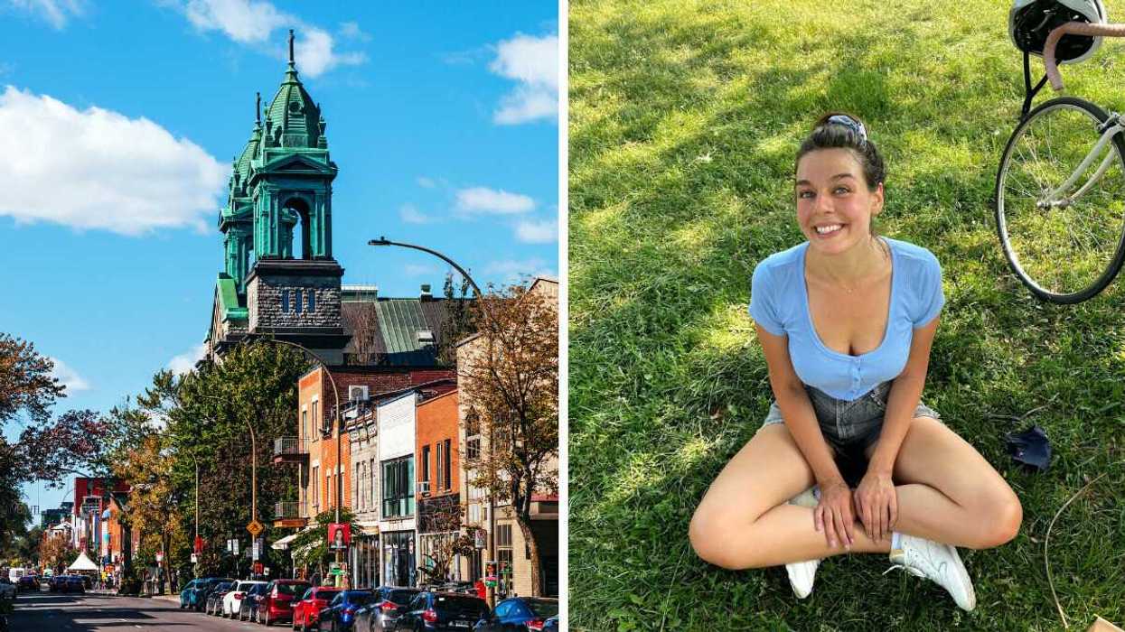 City view of little Italy in Montreal. Right: A person sitting in grass.