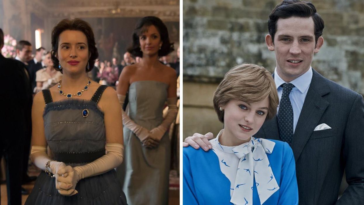 Claire Foy as the Queen. Right: Emma Corrin as Princess Diana and Josh O'Connor as Prince Charles.