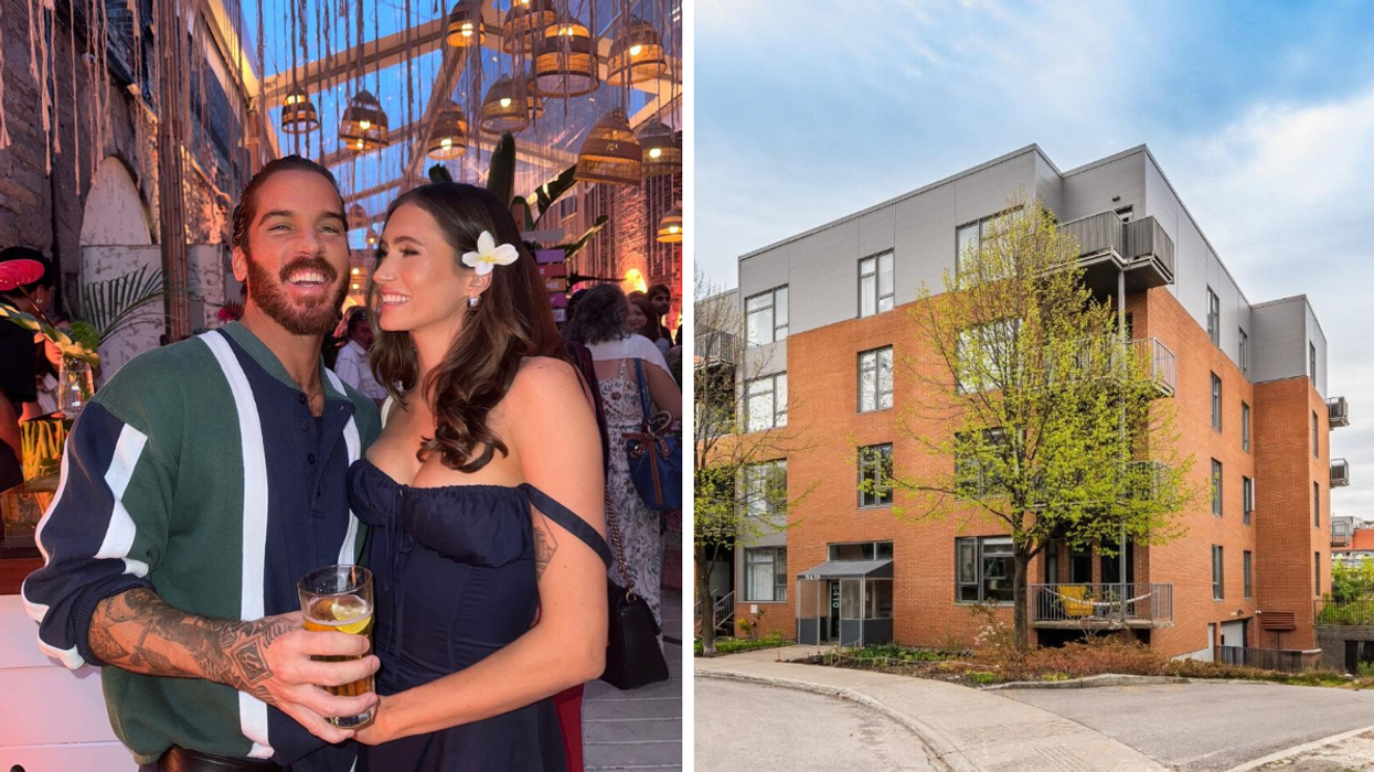 Claude Bégin et Lysandre Nadeau. Droite : Le condo de Claude Bégin à vendre à Montréal.