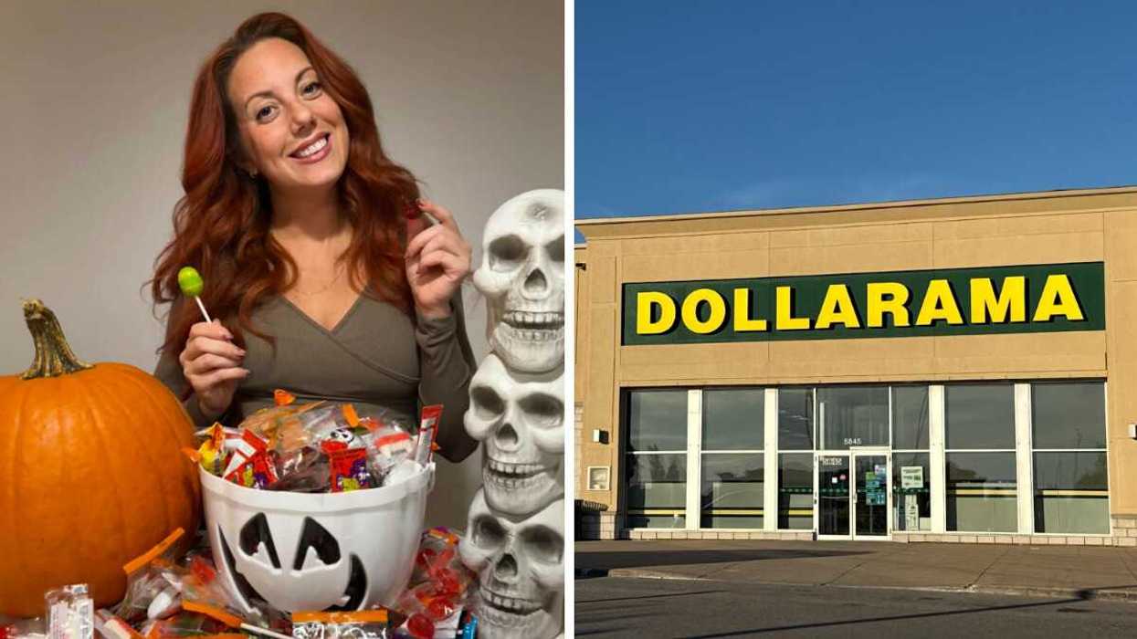 Claudia et des bonbons. Droite : Devanture du Dollarama.