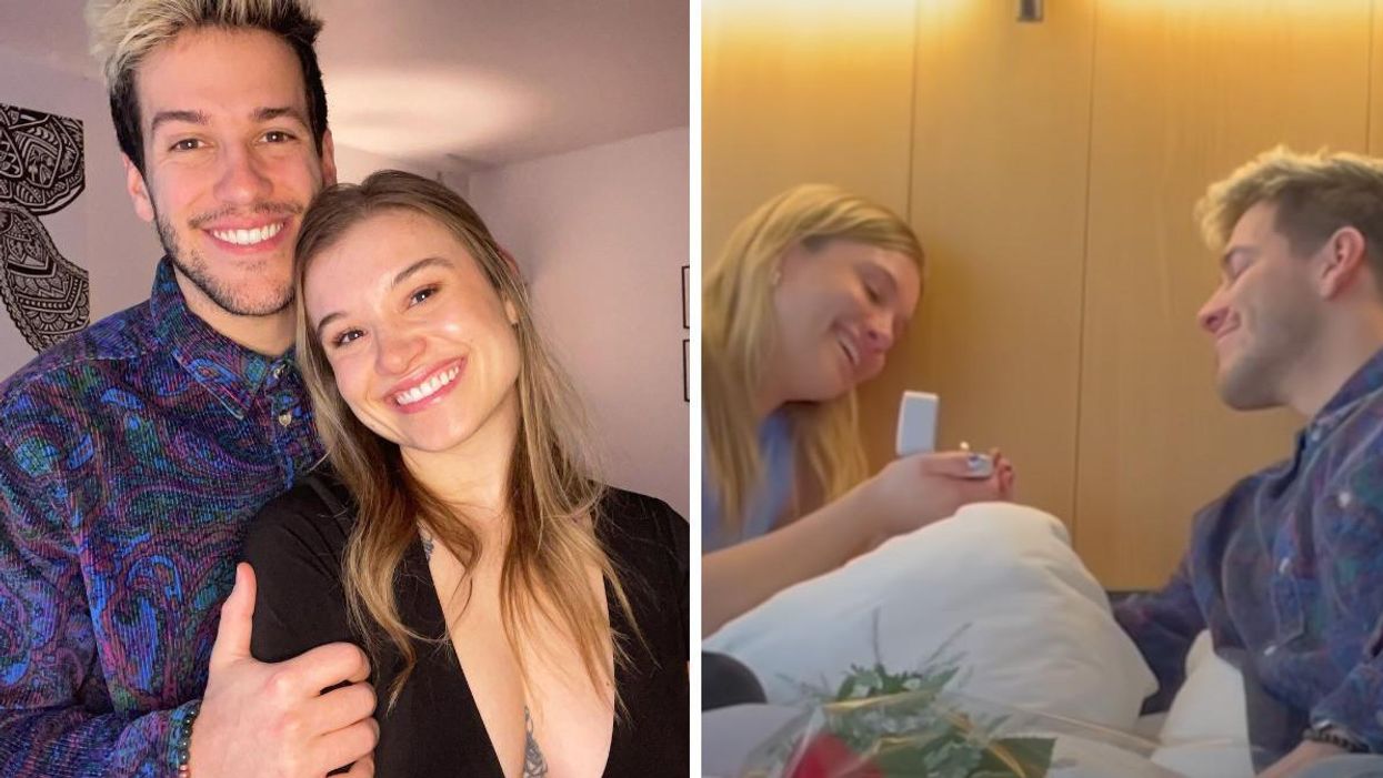 Claudie Mercier et Mathieu Pellerin. Droite : Demande en mariage de Claudie Mercier et Mathieu Pellerin.