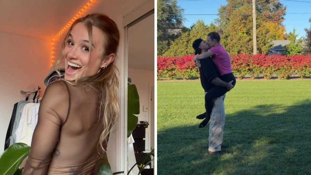 Claudie Mercier sourit à la caméra. Droite : Claudie Mercier et Nicolas Laferrière s'embrassent dans un parc.