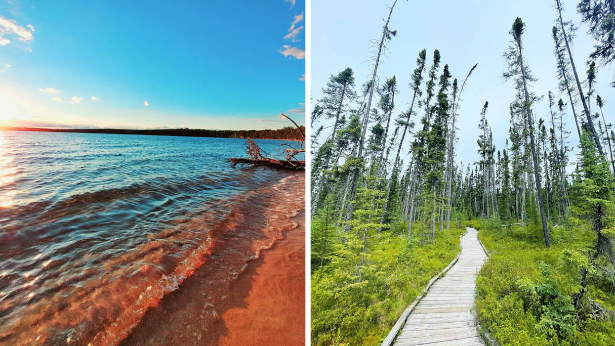Clear blue waters on a sandy beach in Ontario. Right: Forested boardwalk hiking trail.