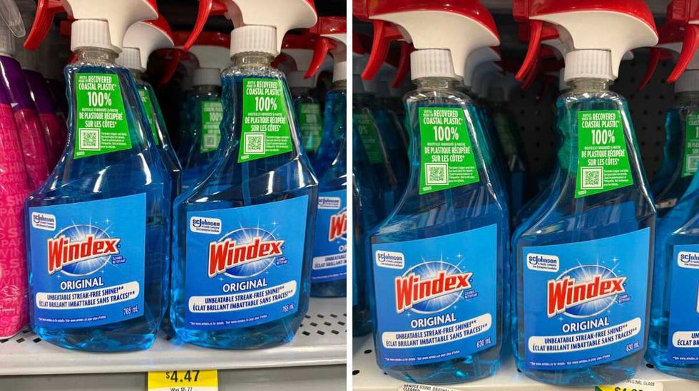 Clear bottles with blue liquid and labels that read Windex on the front on a store shelf. Right: Clear bottles with blue liquid and labels that read Windex on the front on a store s