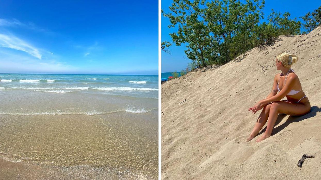 Clear water with waves. Right: Woman sitting on a sand dune.