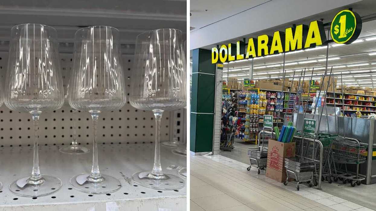 Clear wine glasses sitting on a store shelf. Right: A yellow and green store sign that says Dollarama.
