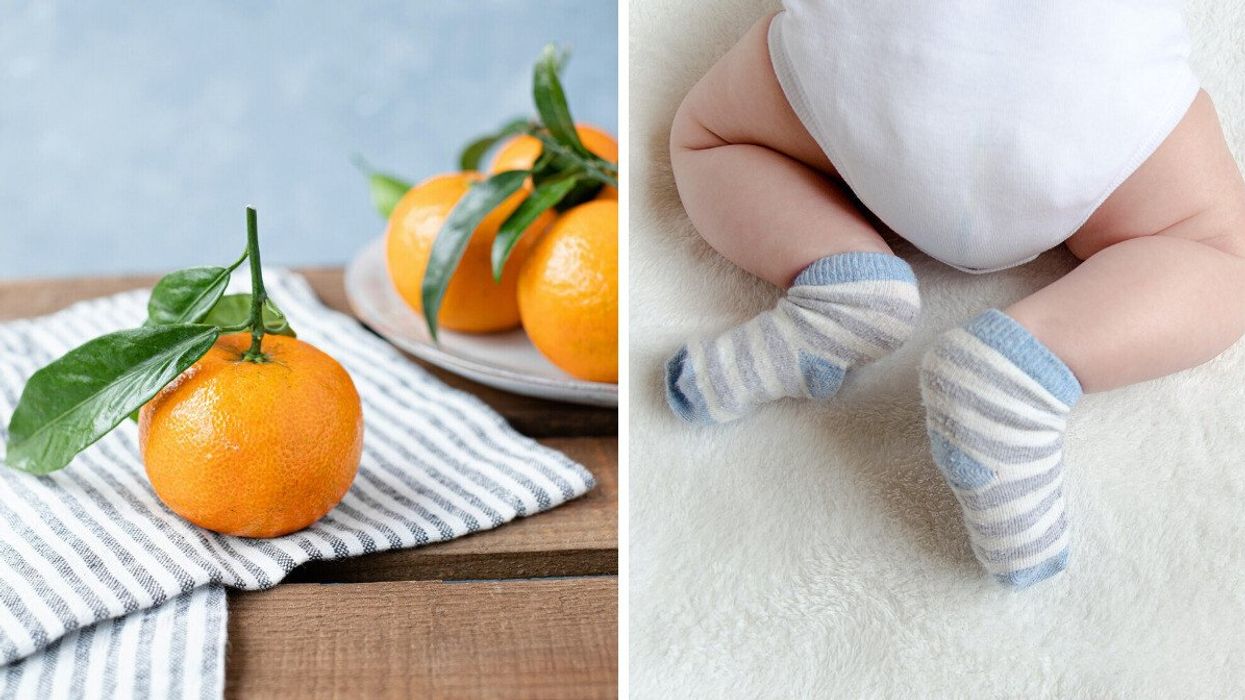 Clementines are seen on a table. Right: A baby's feet.