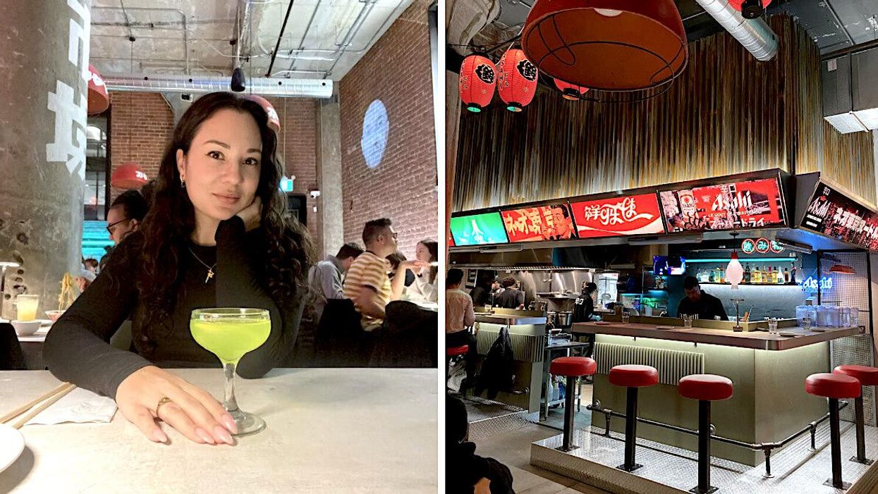 Cliente au bar à ramen Neotokyo à Montréal. Droite : Bar à ramen Neotokyo à Montréal.